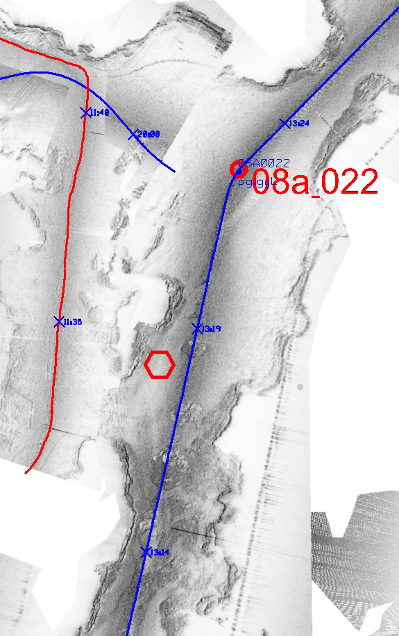 Figur 58. Sedimentekolodlinje 08a_059. Prov 08a_022 är markerat med ljusblå vertikal linje. Postglacial lera syns ovanför den ljusgula linjen.