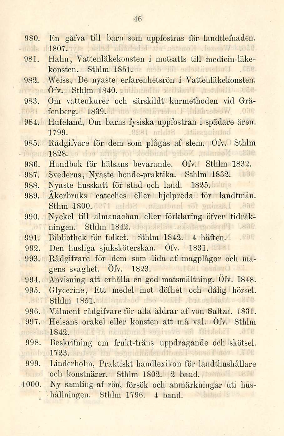 46 980. En gåfva tili baru som uppfostras för landtlefnaden. 1807. 981. Hahn, Vattenläkekonsten i motsatts tili medicin-läkekonsten. Sthlm 1851. 983.