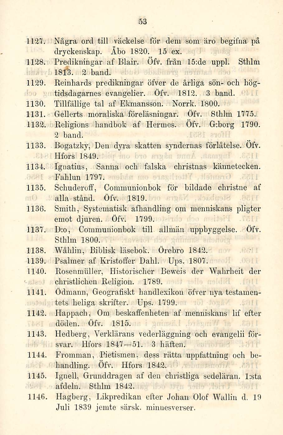 53 1127. Nägra ord tili väckelse för dem soin iiro begifua pä dryckeuskap. Åbo 1820. 15 ex. 1128. Predikningar af Blair. Öfv. från 15:de uppl. Sthlm 1813. 2 band. 1129.