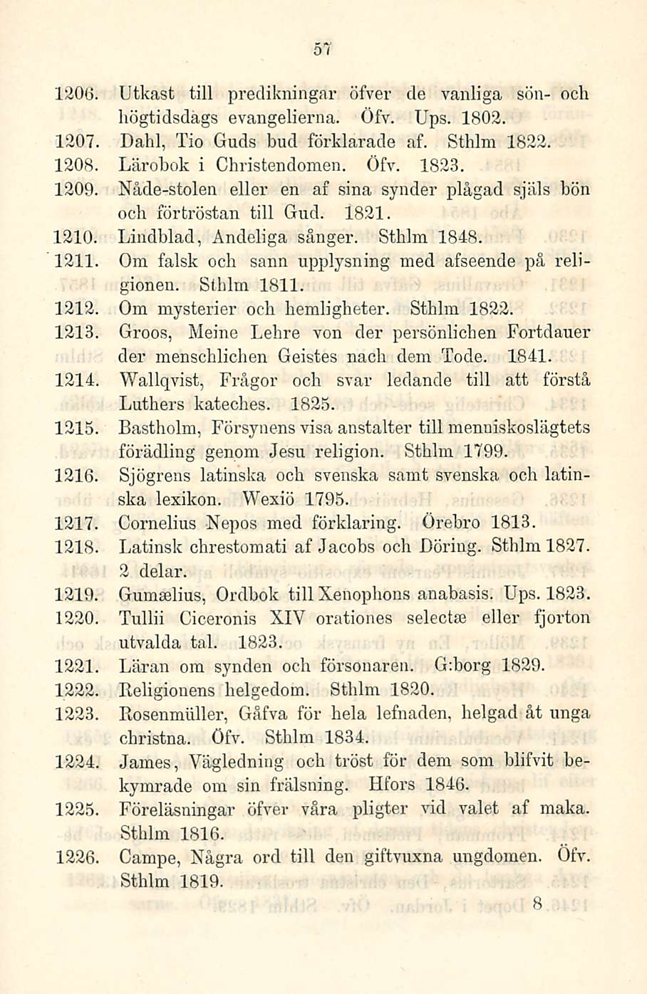 57 1206. Utkast tili preclikningar öfver de vanliga sön- och högtidsdägs evangelierna. Öfv. Ups. 1803. 1207. Dahl, Tio Guds bud förklarade af. Sthlm 1822. 1208. Lärobok i Christendomen. Öfv. 1823.