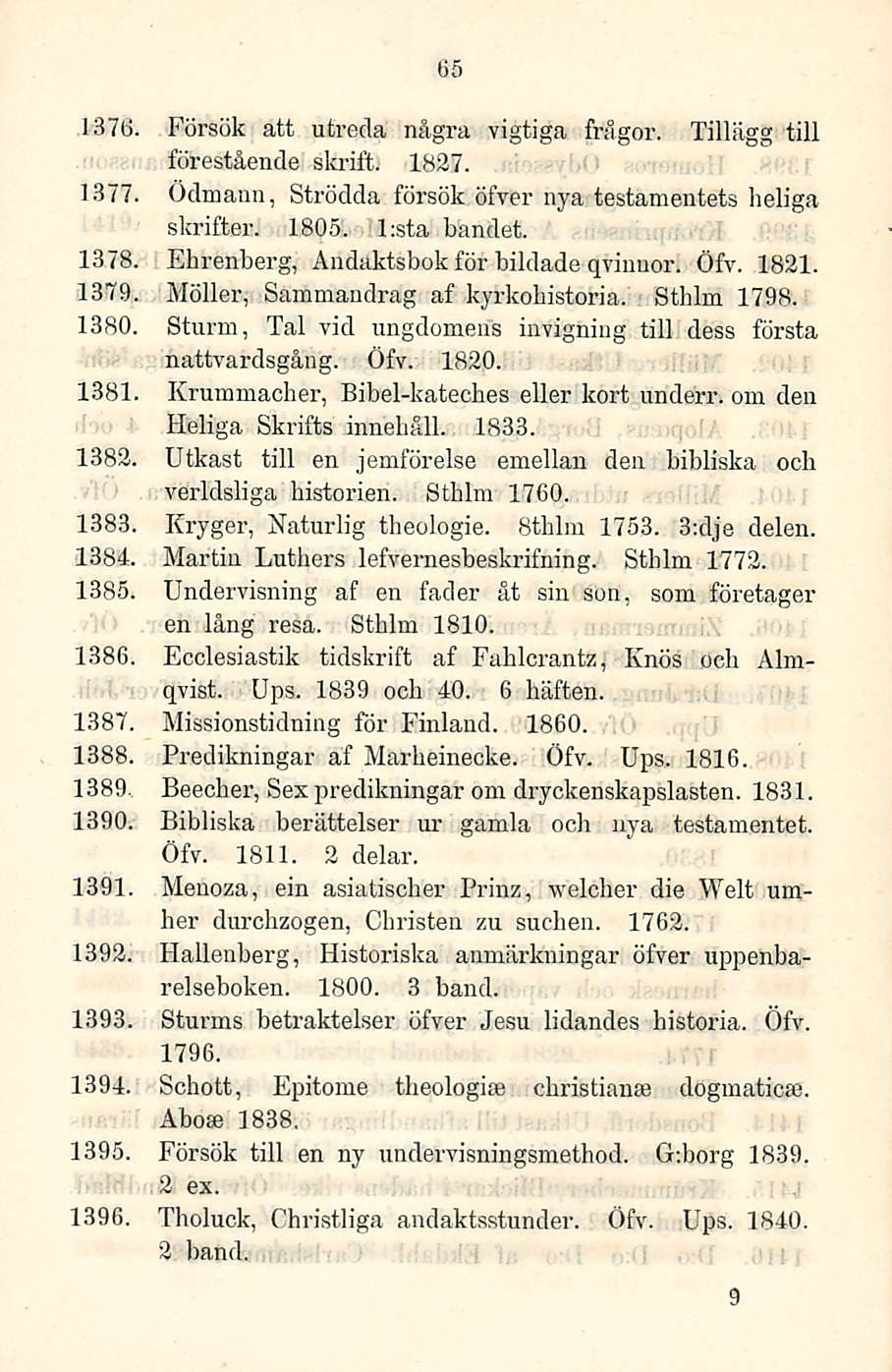 65 1376. Försök att utreda några vigtiga frägor. Tillägg tili förestående skrift. 1827. 1377, Ödmann, Strödda försök öfyer nya testamentets heliga skrifter. 1805. l:sta bandet. 1378.