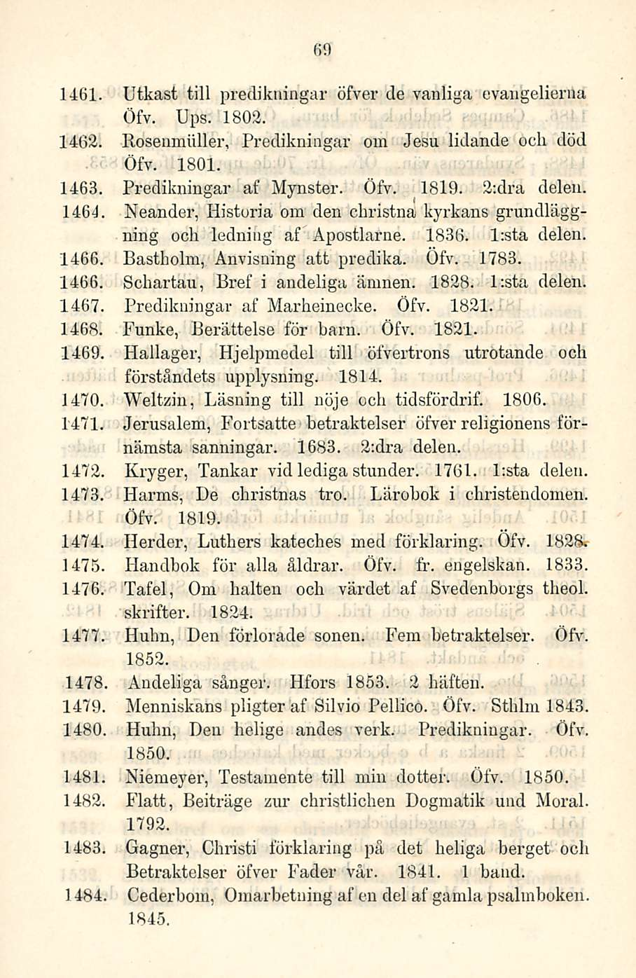 69 1461. Utkast tili predikningar öfver de vanliga evangelierna Öfv. Ups. 1802. 1462. Rosenmiiller, Predikningar om Jesu lidande ocli död Öfv. 1801. 1463. 1464. 1466. 1466. 1467.