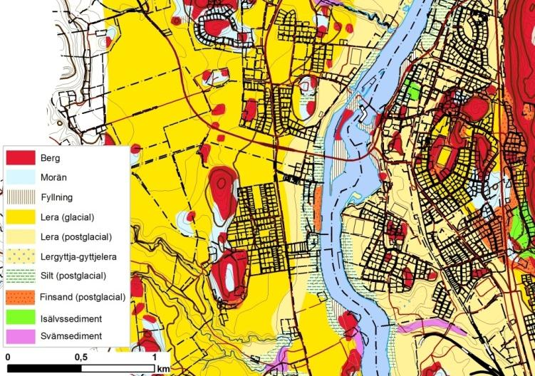 Figur 2 SGUs Jordartskarta över området. Under perioden då större delar av området täcktes av hav avsattes lera över stora områden.