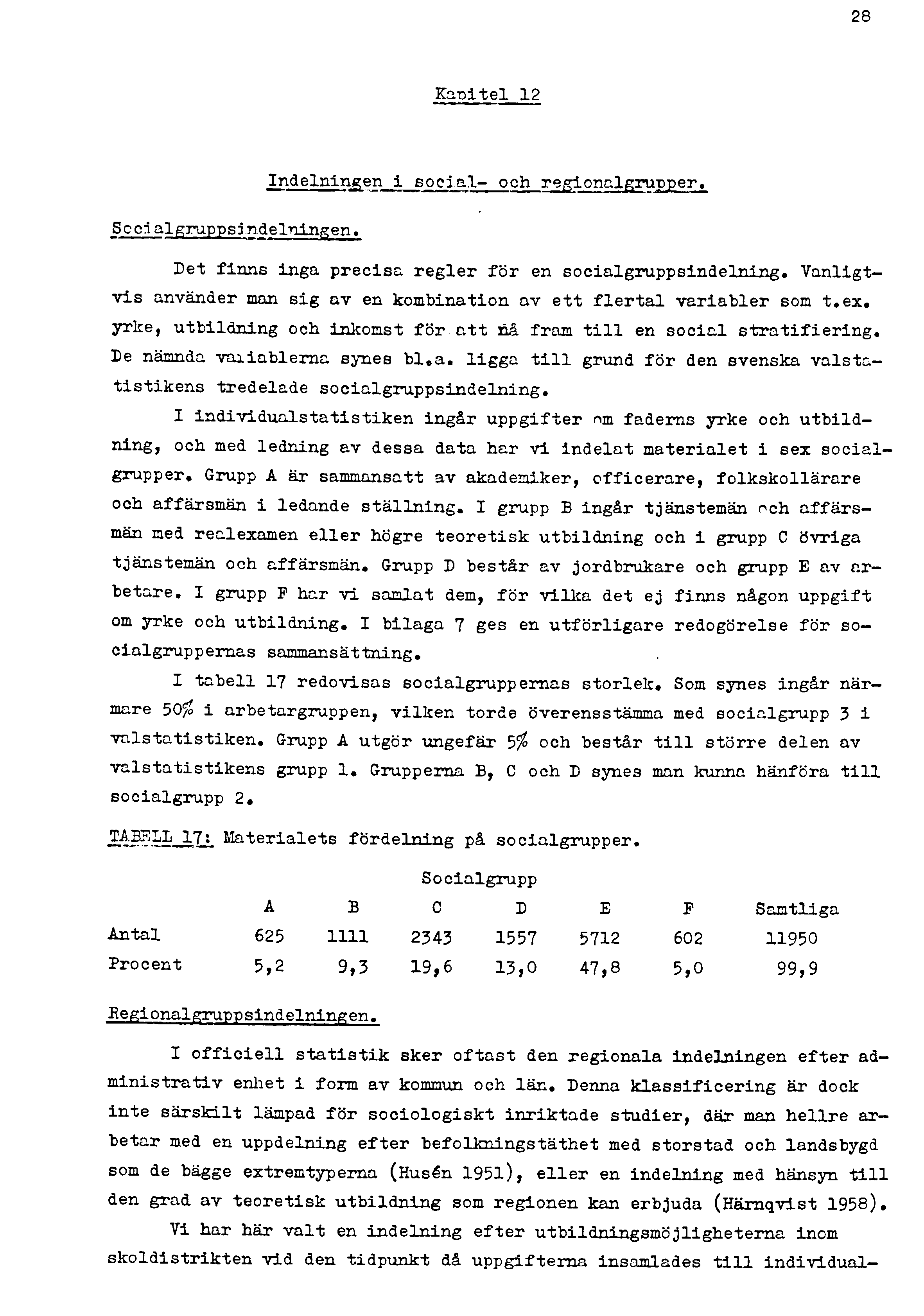 28 Kapitel 12 Indelningen i social- och regionalgrupper. Scen algruppsindelningen«det finns inga precisa regler för en socialgruppsindelning.