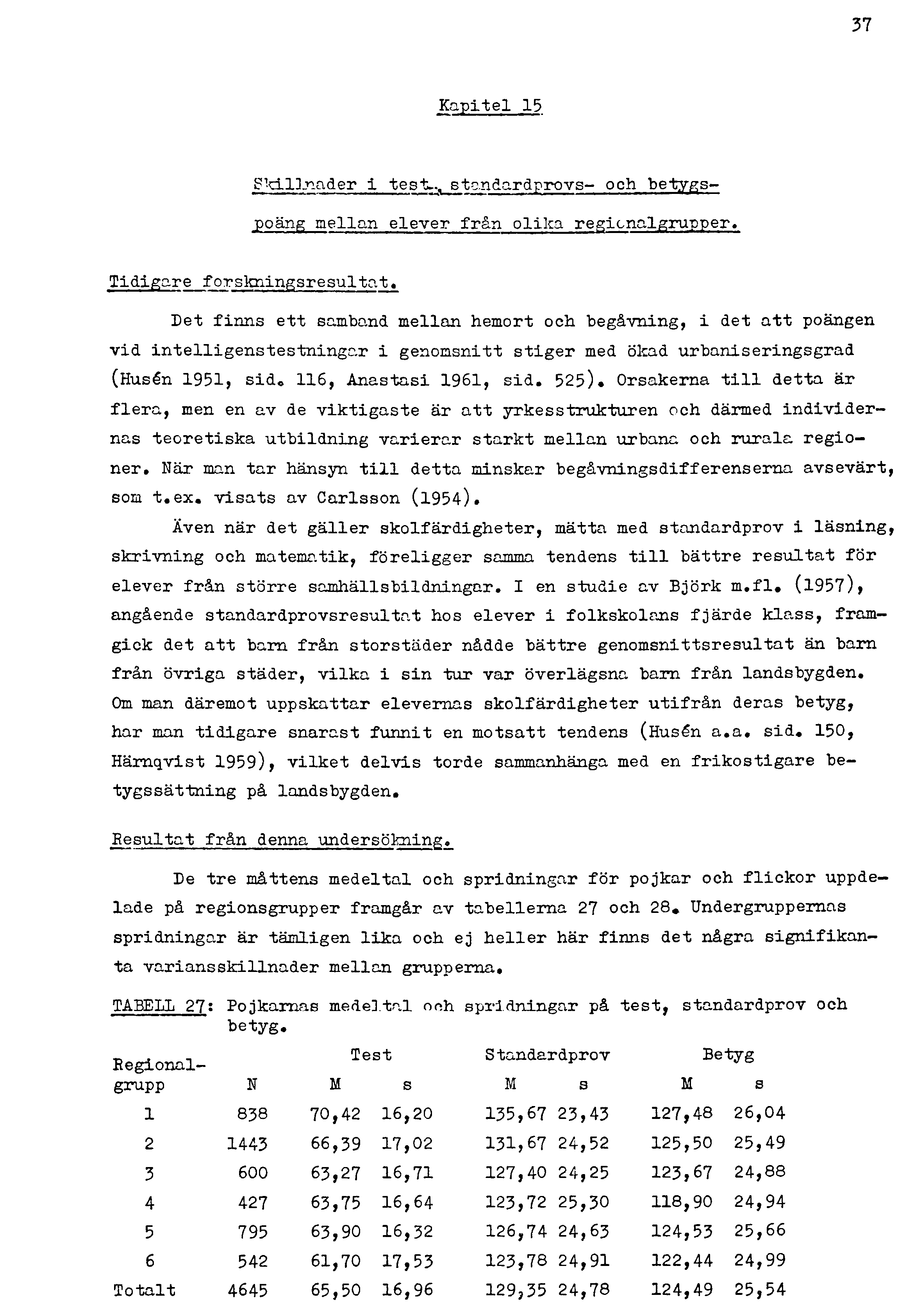 37 Kapitel 15 gkillnader i test-., standardprovs- och betygspoäng mellan elever från olika regicnalgrupper. Tidigare forskningsresultat.