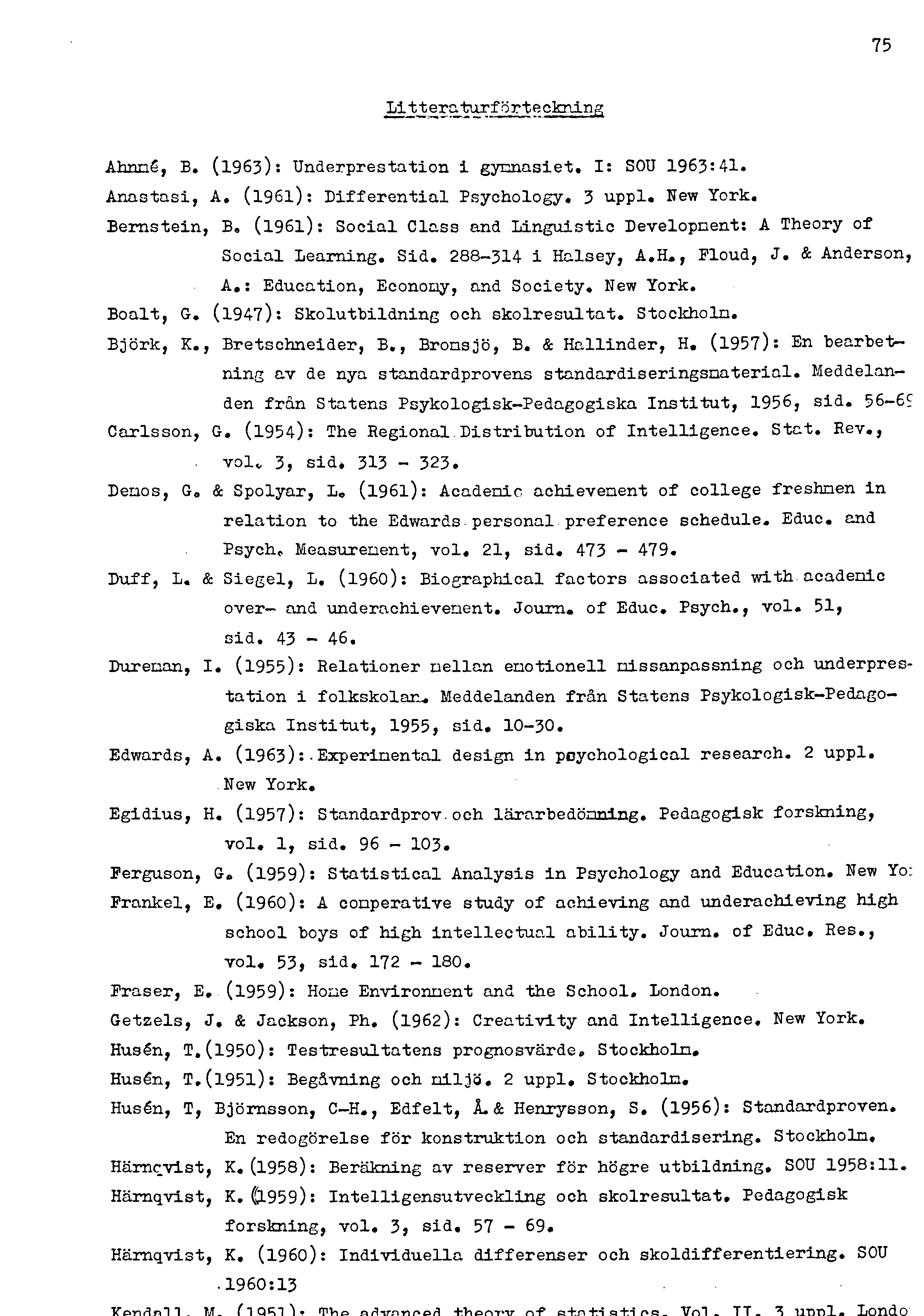 75 Li 11 era turf örteckning Ahnné, B. (1963): Underprestation i gymnasiet. I: SU 1963:41. Anastasi, A. (l96l): Differential Psychology. 3 uppl. New York.