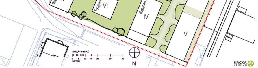 3 (5) Situationsplan utifrån framtagen volymstudie över Nybackakvarteret samt med indelning av de två anbudsområdena.