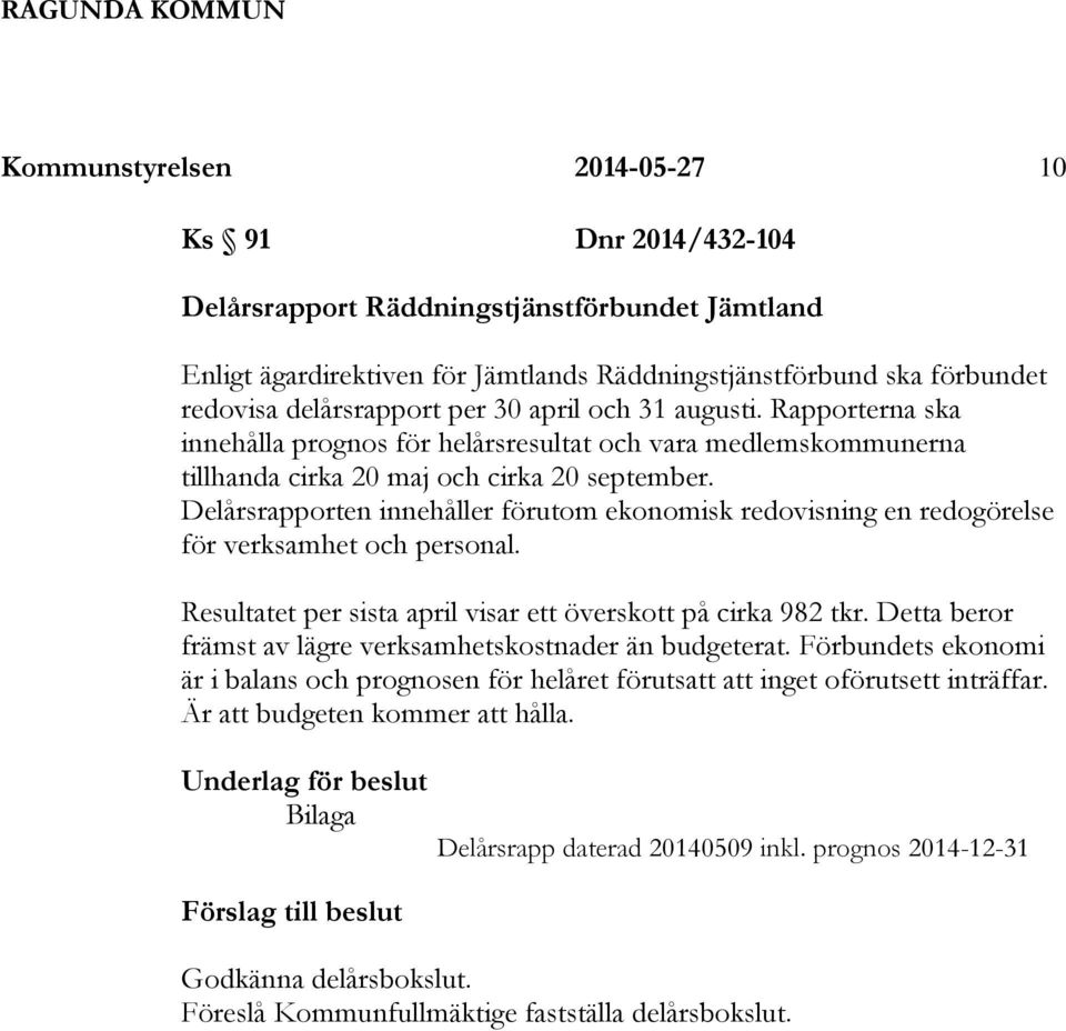 Delårsrapporten innehåller förutom ekonomisk redovisning en redogörelse för verksamhet och personal. Resultatet per sista april visar ett överskott på cirka 982 tkr.