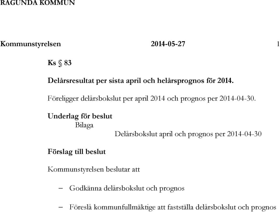 Underlag för beslut Bilaga Förslag till beslut Kommunstyrelsen beslutar att Delårsbokslut april och