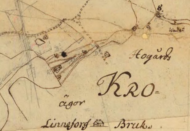 Av detta utsnitt ur karta från 1694 framgår att Skeppebos kvarnställe under 1600-talet låg vid det som senare blev gränsen mellan Karamåla och Linnefors, och nyttjas av Linnefors bruk.