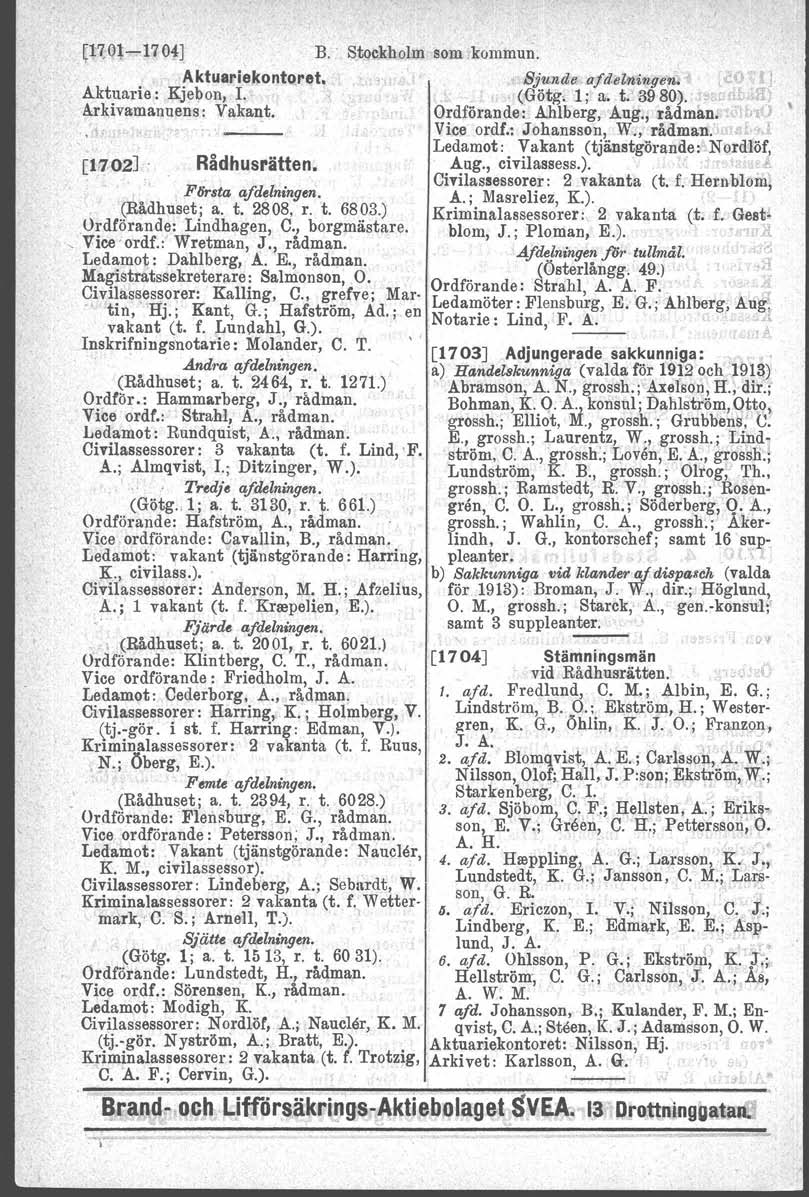 ~nol~170] R' Stoekholm som kommun. AktuarieJ<ontQret. Sju.ndd aldelntngen. Aktuarie: Kjeb on, 1. (Götg, 1; a. t. 39 80). ~ tr} Arkivamannens: Vakant. Ordförande: Ahlberg, 'Aug.