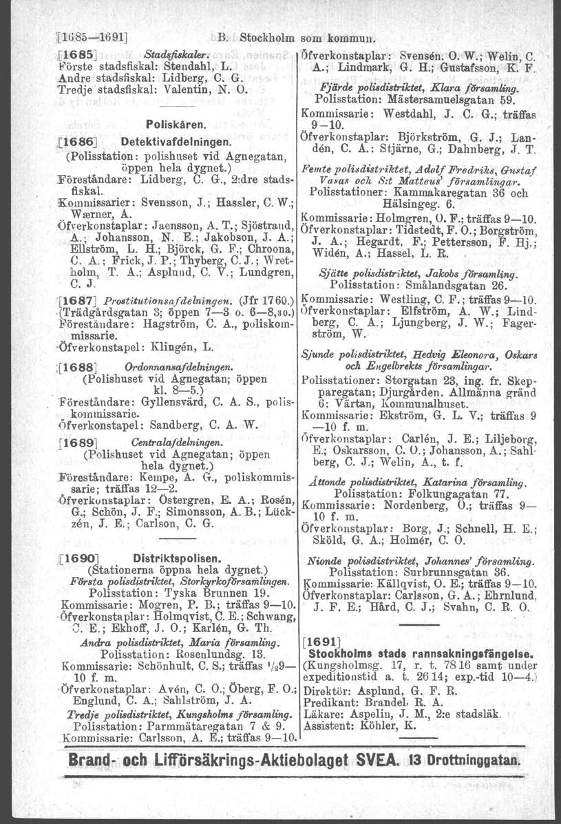 0- (Stationerna :[lg85-1691] B., Stockholm som kommun.,[16 85 ] Stads fiskaler. ~'örste stadsfiskal: Stendahl, L. Andre stadsfiskal: Lidberg. C. G. Tredje stadsfiskal: Valentin, N. O. Poliskåren.