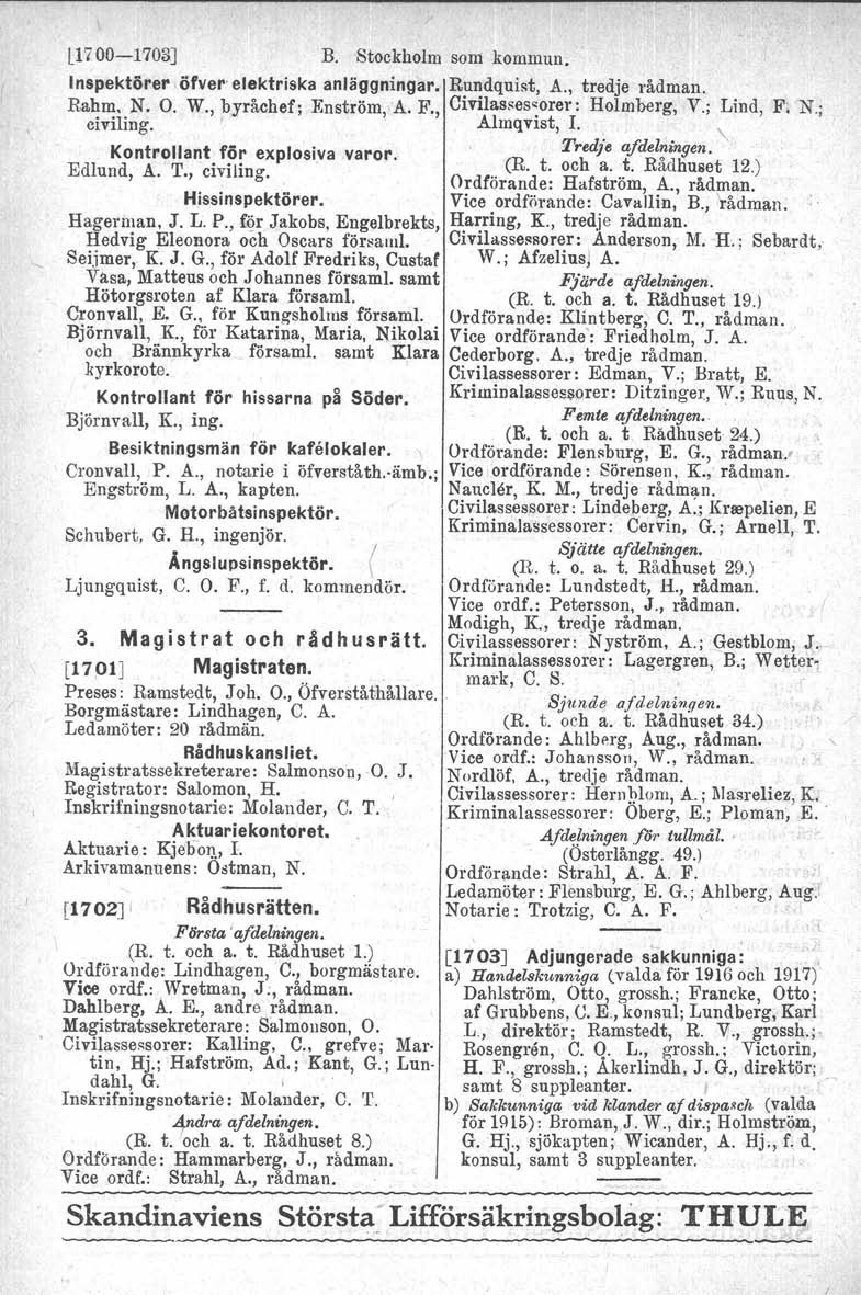 l1700-1703j B. Stockholm som kommun. Inspektörer örver' elektriska anläggningar. Rundquist, A., tredje rådman. Rahm. N. O. W., byråchef; Enström,A. F., Civilasses~orer: Holmberg, V.; Lind, F; N.