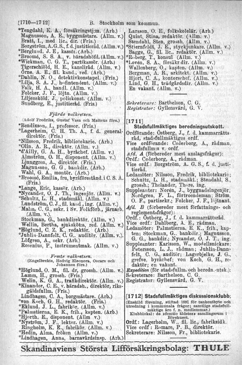 (1710-1712J B. Stockholm som kommun. Tengdahl, K. A., försäkrin~stj:m. (Arb.) Larsson, O. E., folkskolelär. (Arb.) Magnusson, A. E., byggmästare: (Allm. v.) Quint Stina, redaktör. (\1100. v.). Bratt, 1.