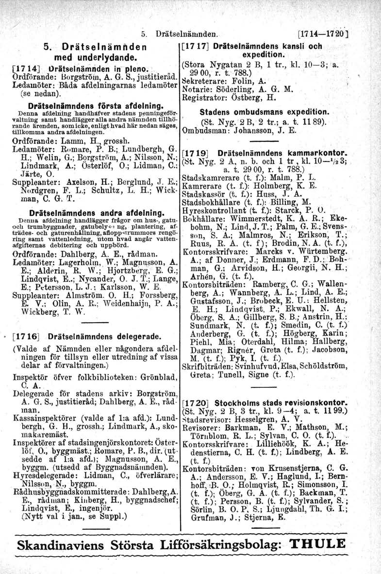 / 5. Drätselnämnden. [1714-1720] 5. Drätselnämnden [1717] Dratselnämndens kansli och med underlydande. expedition. [1714]Orätselnåmriden in pleno. ". (Stora Nygatan 2 B, l tr., kl. 10-3; a.