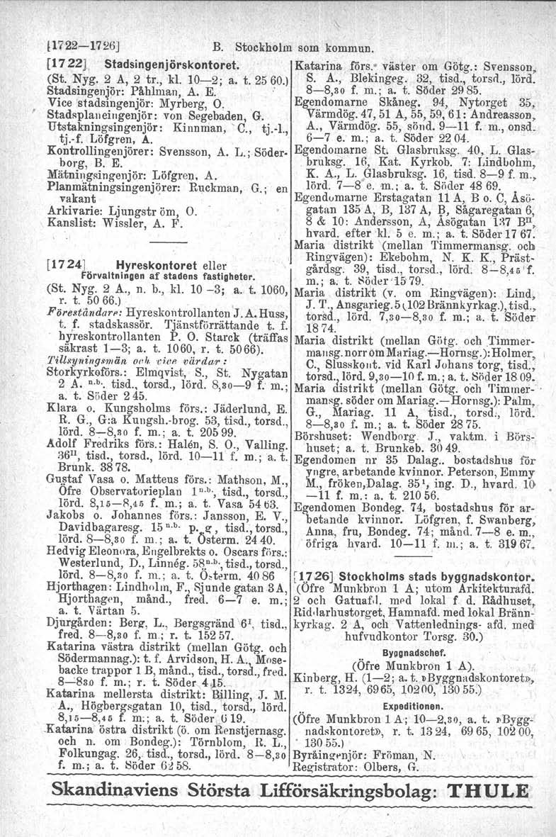 [1722-1726J B. Stockholm som kommun. [1722]. Stadsingenjörskontoret. Katarina förs,«väster om Götg.: Svensson, (St. Nyg. 2 A, 2 tr., kl. 10-2; a. t: 2560.) S. A., Blekingsg. 32, tisd., torsd., lörd.