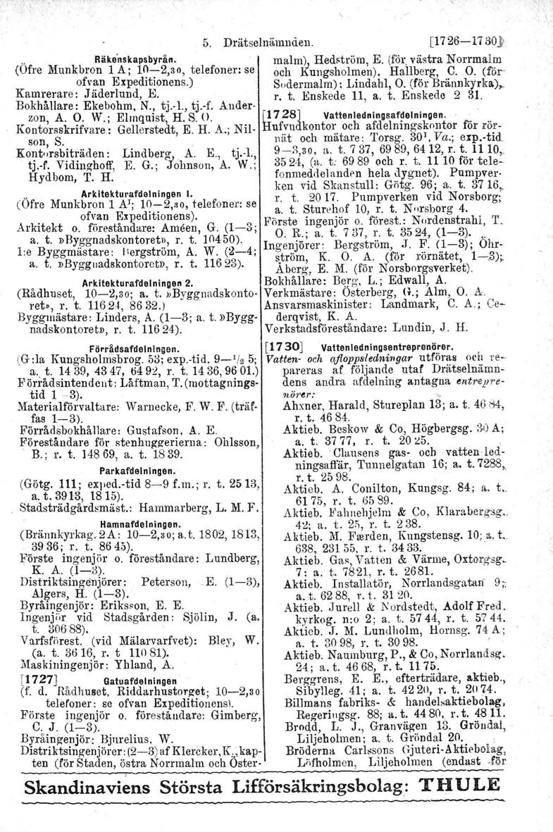 5. Drätselnämnden. [1726-11 30J.. Räke l1skapsbyrån. malm), Hedström. E. (för.västra Norrmalm (Ofre Munkbron 1 A; 10~2,3o, telefoner: se och Kungsholmen), Hallberg. C. O. (för ofvan Expeditionens.