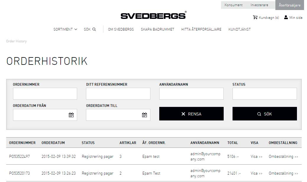 ORDERHISTORIK. Gå till Min sida och välj Orderhistorik. Här kan du se alla order som är lagda av den kund som du tillhör.