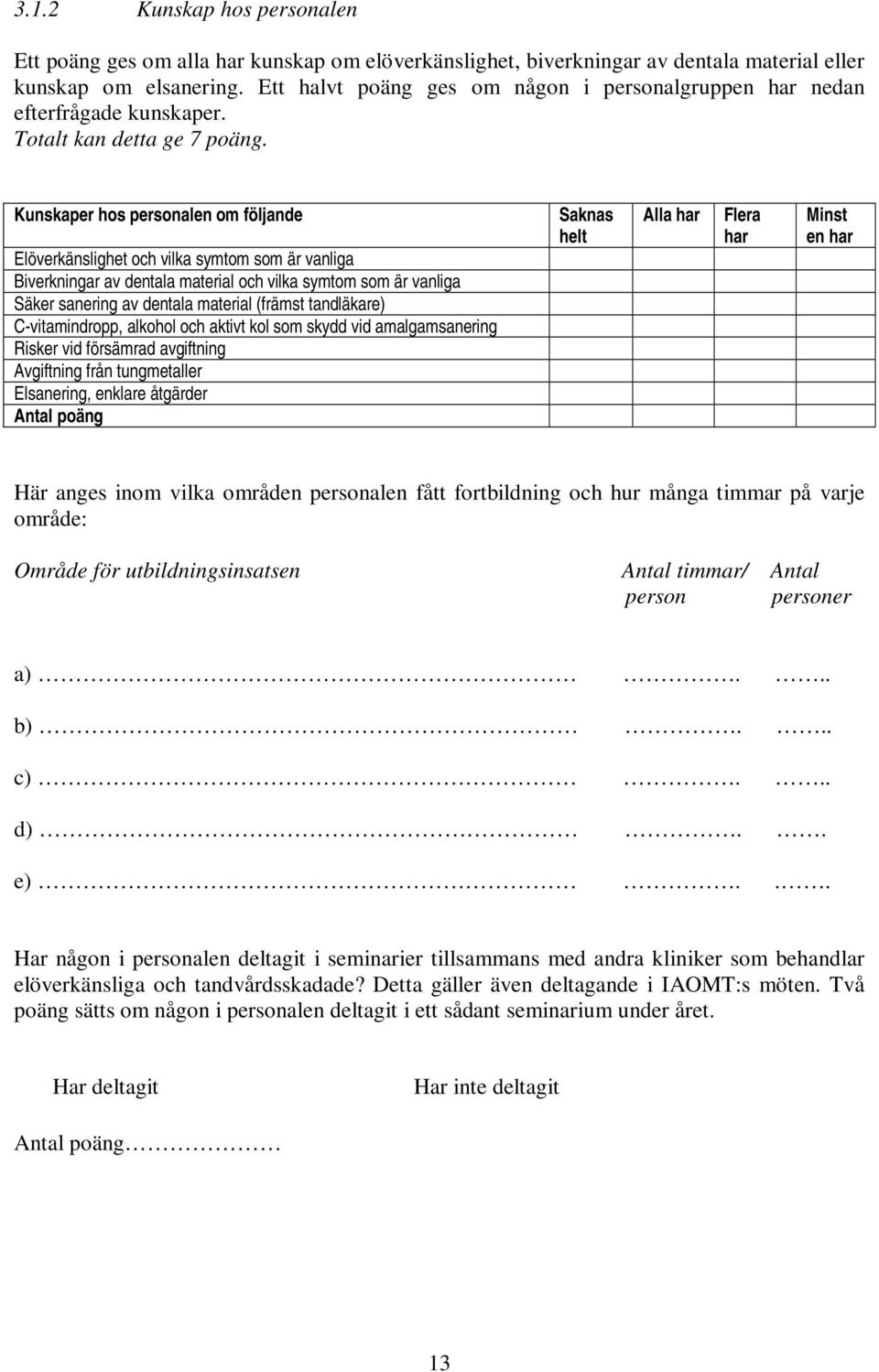 Kunskaper hos personalen om följande Elöverkänslighet och vilka symtom som är vanliga Biverkningar av dentala material och vilka symtom som är vanliga Säker sanering av dentala material (främst