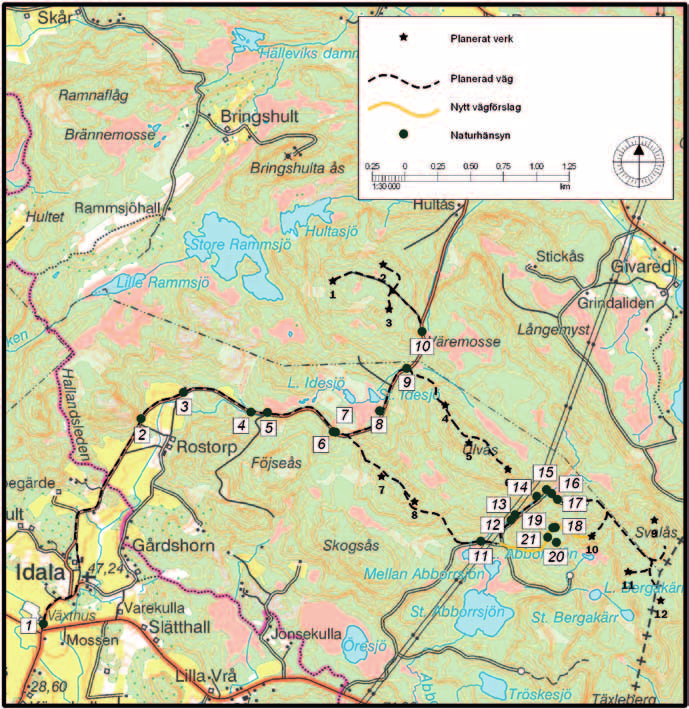 Illustration 3. Resultat naturmiljö. befintliga vägsträckor och nr 18-21 längs det nya förslag till alternativ väg som utreddes. Delar av sträckningen längs befintliga vägar omfattas av strandskydd.