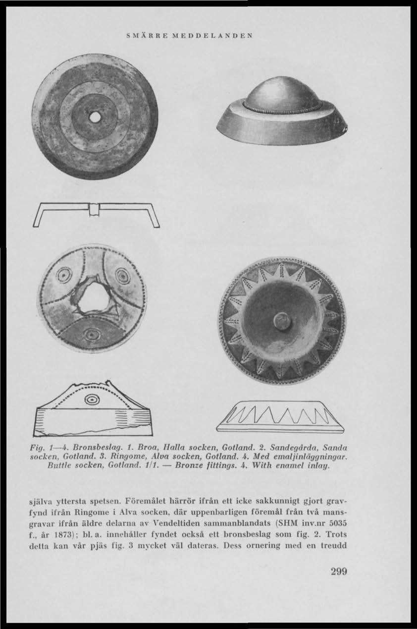 Ir A~Ä \ Fig. 1 4. Bronsbeslag. 1. Broa, Hälla socken, Gotland. 2. Sandegårda, Sanda socken, Gotland. 3. Ringome, Alva socken, Gotland. 4. Med emaljinläggningar. Bullie socken, Gotland. 1/1.