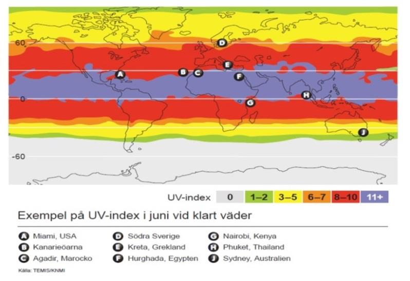 Figur 1.5. Karta över UV-index i olika delar av världen som visar ökad strålning närmst ekvatorn.