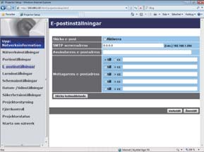 3. Webbkontroll 3.1 Webbkontroll för projektor (fortsättn.) 3.1.5 E-postinställningar Visar och konfigurerar inställningar för e-postadressering.