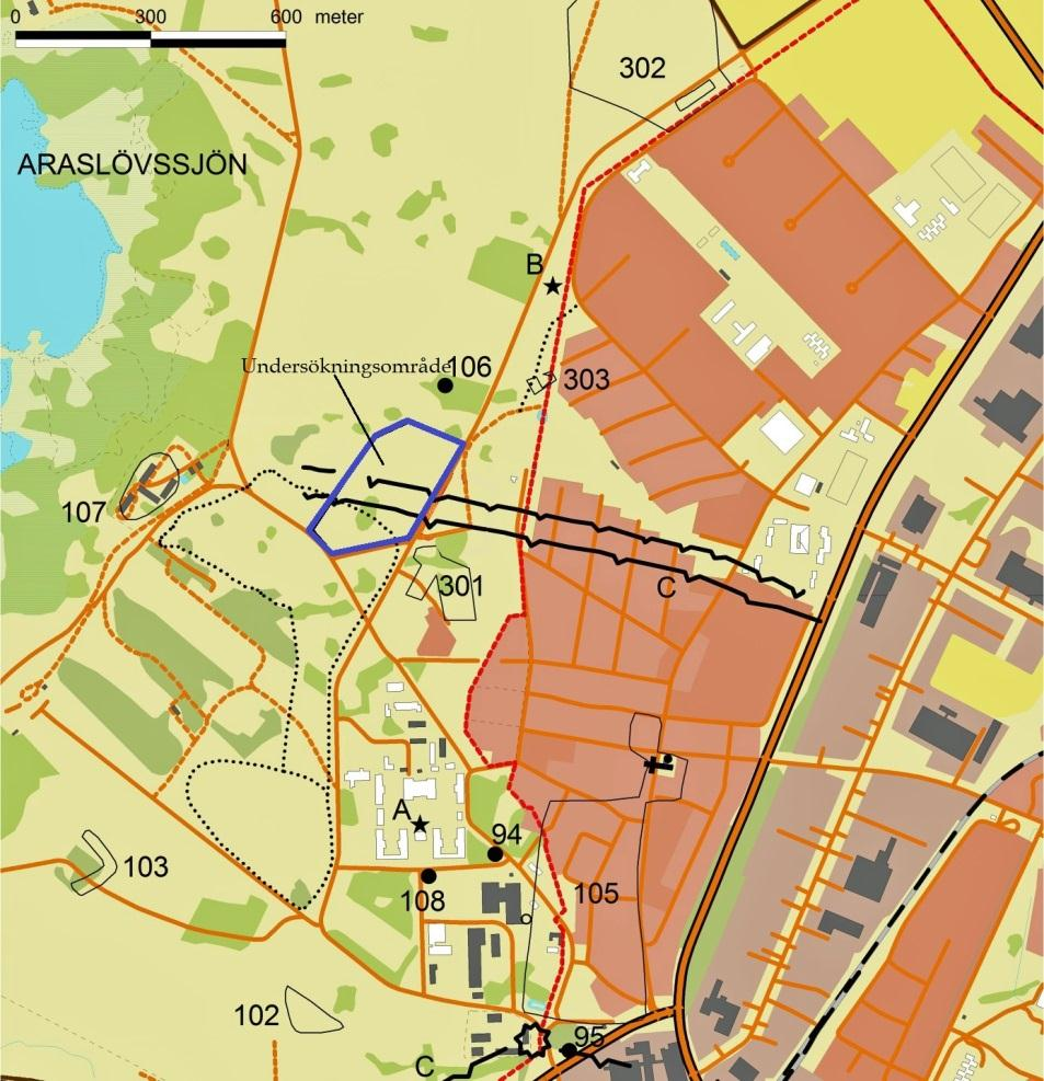 Antikvariska förutsättningar och bevarandeintressen Undersökningsytan ligger på näset mellan Araslövssjön och den numera utdikade Nosabysjön och användes som regementsområde och militärt