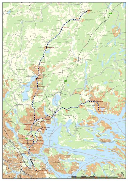 Bild 2. Roslagsbanans linjedragning med stationer/hållplatser samt kommungränser. En av Roslagsbanans funktioner är att knyta ihop nordostsektorn med övriga delar av Stockholmsregionen.