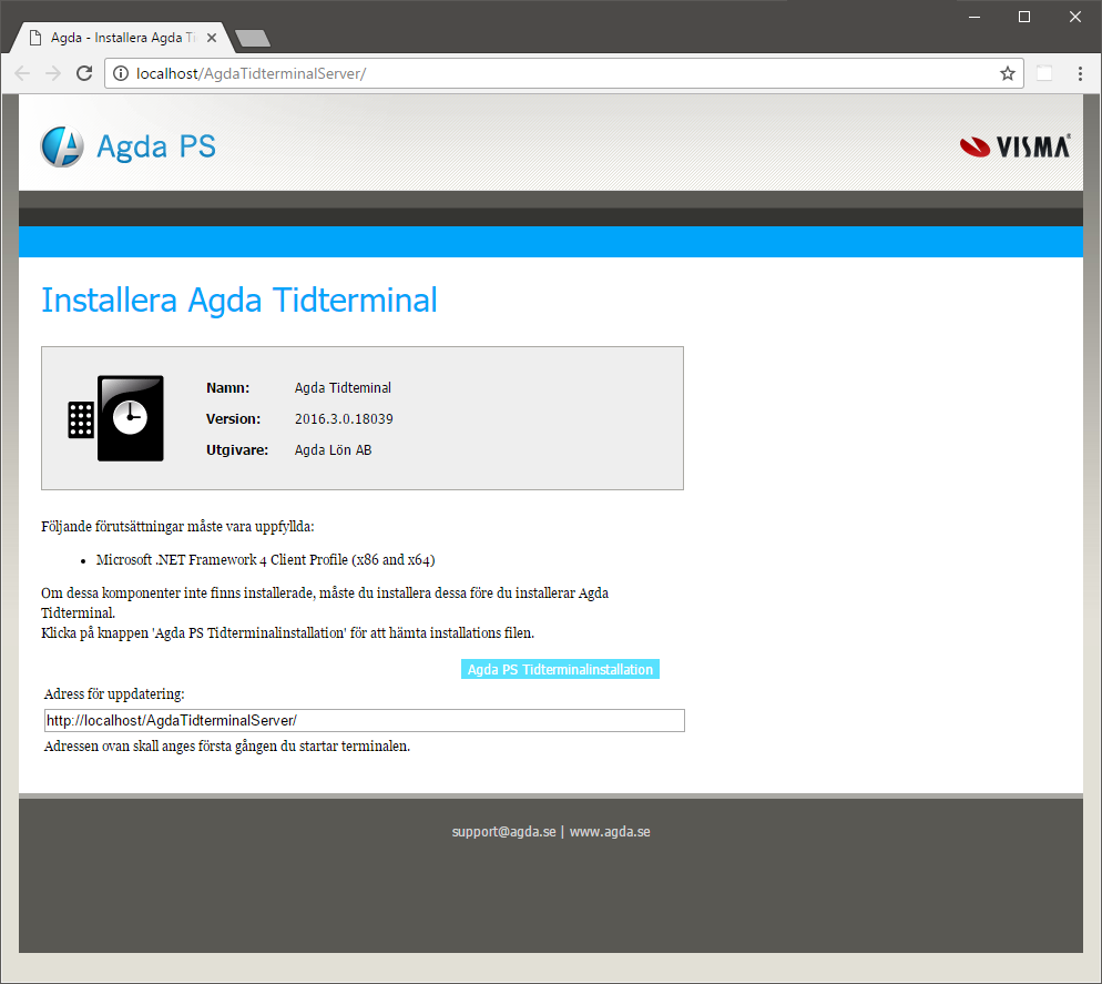 4. Installation av tidterminalklient 4.1 Installation Installation av tidterminalklienter görs genom att du på klienten surfar till den webbplats där du installerade Agda Tidterminal Webbservices, t.