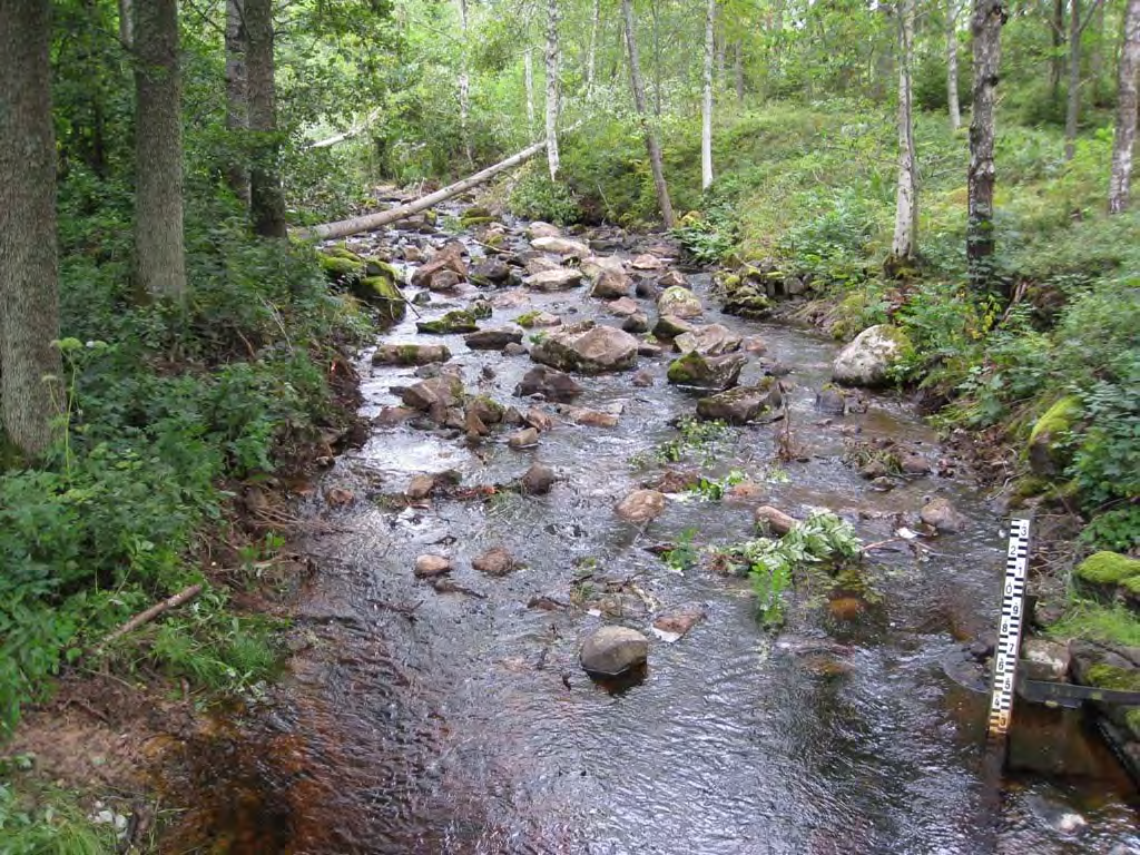 Bild 16 A. Från den andra träbron uppströms mot H 4 före åtgärd. Bild 16 B.