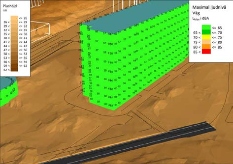 Figur 13. Beräknad maximal ljudnivå vid fasad till befintlig bebyggelse från trafik på lokalgata. Figur 14.