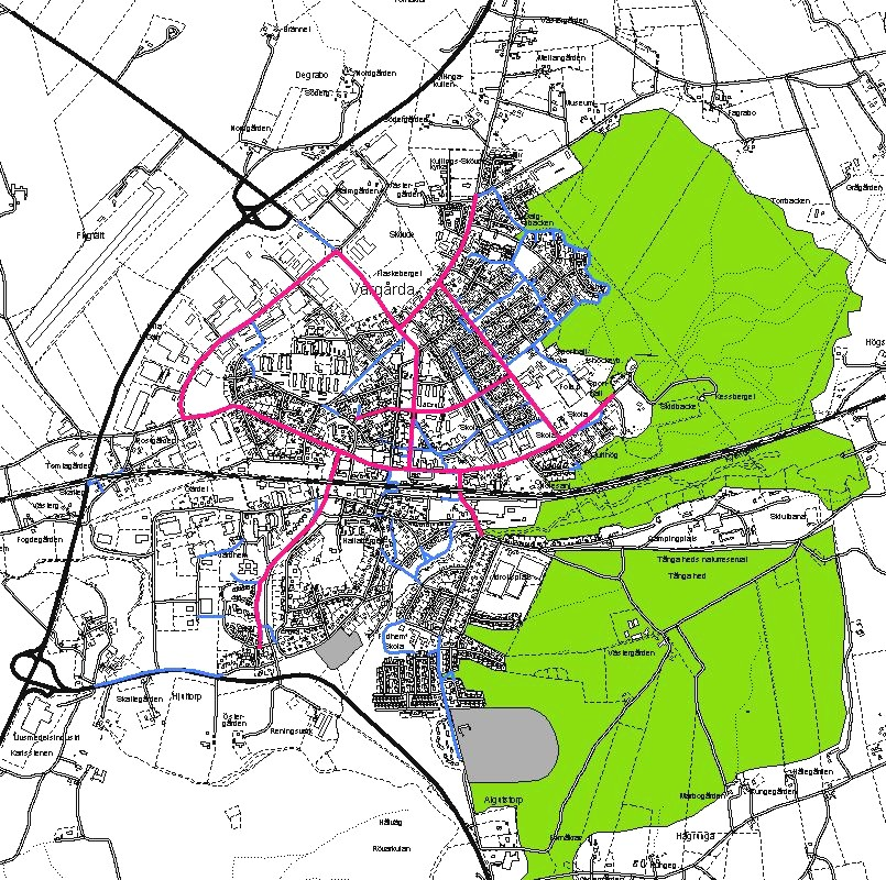 9 Gång- och cykeltrafik Genom planområdet går flera befintliga gång- och cykelvägar. Se utdrag Befintlig gångoch cykelnätstruktur i Vårgårda tätort, från Gång- och cykelplan för Vårgårda tätort.