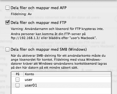 4 Visa alternativ för fildelning. Välj Fildelning och klicka på Alternativ.