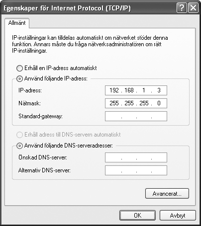 4 Ange en IP-adress och en subnätmask. Ange en IP-adress och subnätmask för FTP-servern och klicka på OK.