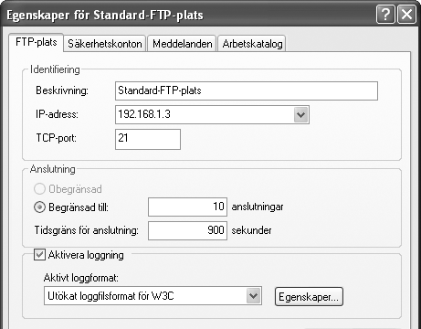 6 Visa egenskaper för FTP-platsen. Högerklicka på Standard-FTP-plats och välj Egenskaper.