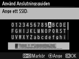 Direktanslutning (ad hoc) För att ansluta direkt till en FTP-server i ad hoc-läge, välj Direktanslutning (ad hoc) i steg 6 på sida 67. 1 Ange SSID. Ange ett nätverksnamn (SSID) och tryck på J.