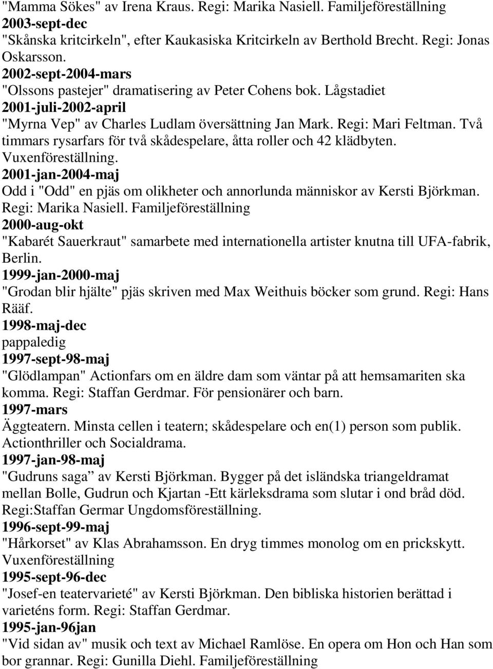 Två timmars rysarfars för två skådespelare, åtta roller och 42 klädbyten. Vuxenföreställning. 2001-jan-2004-maj Odd i "Odd" en pjäs om olikheter och annorlunda människor av Kersti Björkman.