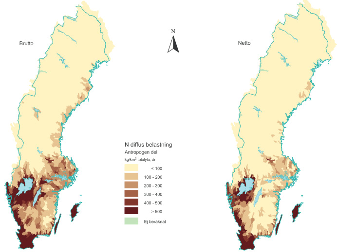 I figur 29 redovisas den totala antropogena kvävebelastningen från diffusa utsläpp utan och med retention. Figur 29.