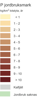 Fördelningen av bruttobelastning av fosfor från skogsmark, hyggen, jordbruksmark per total area följer samma mönster som det totala markläckaget per area av respektive markanvändning och beror till