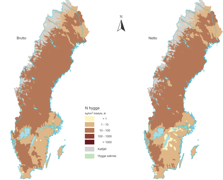 Figur 24. Kväveläckaget från hyggen i kg/ km 2 totalyta och år utan (brutto) och med retention (netto).