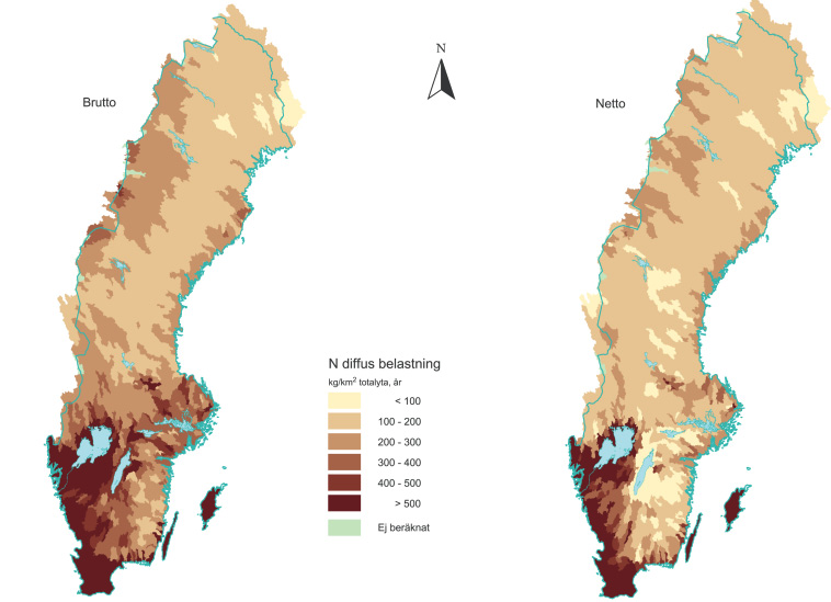 Bidraget från atmosfärsnedfallet på sjöar beräknades till 17 400 ton/år för hela Sverige varav 10 500 ton/år nådde havet efter retention.