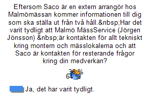Fråga 4 Eftersom Saco är en extern arrangör hos Malmömässan kommer informationen till dig som ska ställa ut från två håll.