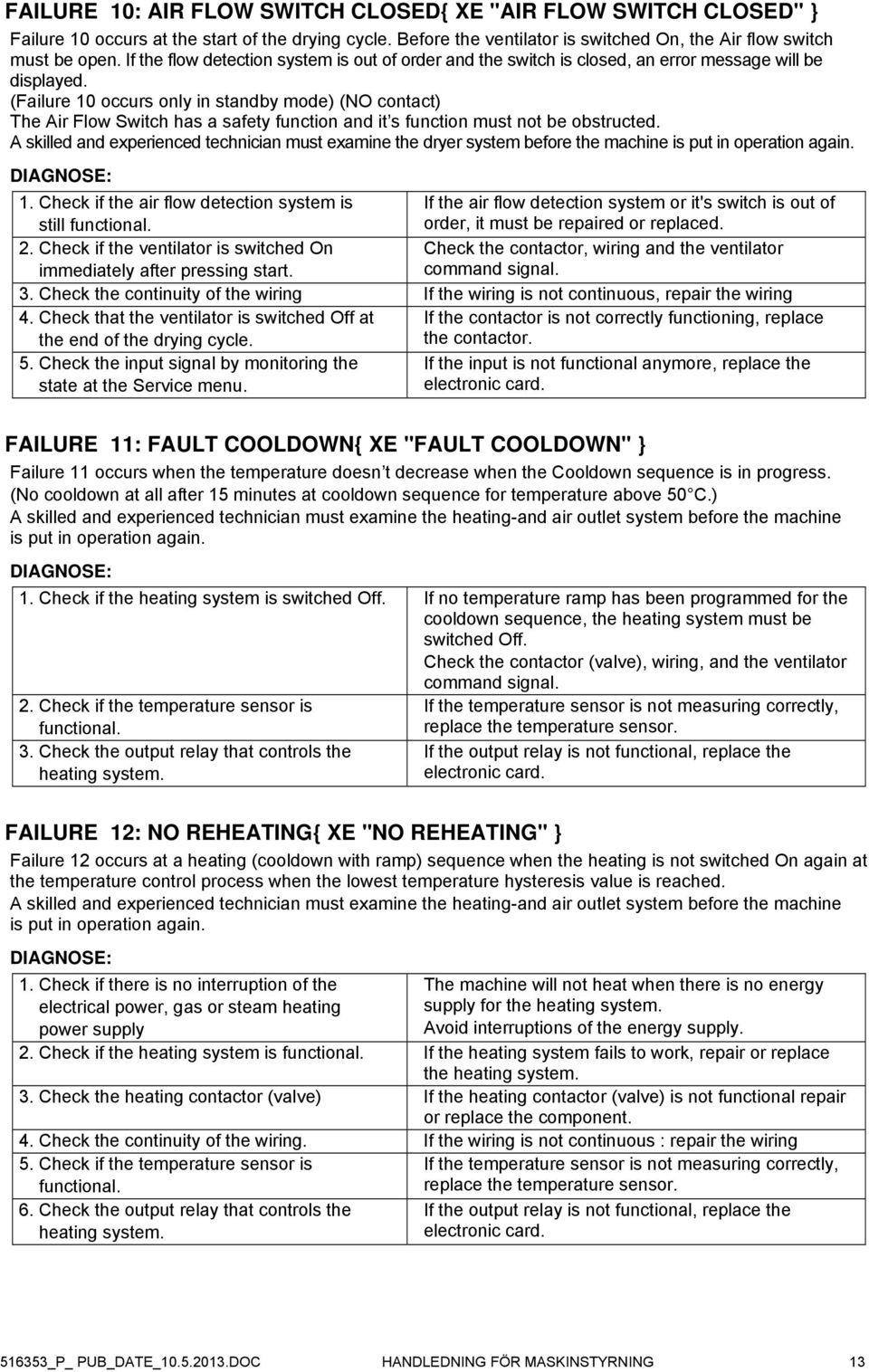 (Failure 10 occurs only in standby mode) (NO contact) The Air Flow Switch has a safety function and it s function must not be obstructed.