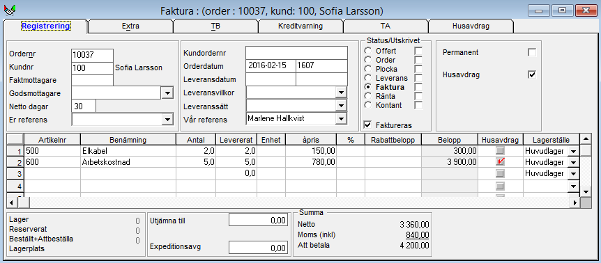 I fliken Husavdrag i Orderbilden visas information om skattereduktion per person. Informationen hämtas från det skapade avtalet. Det går att ändra fördelat belopp per person.