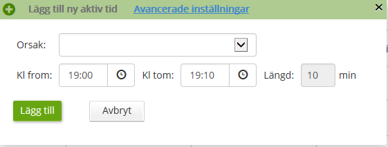 Sida 10 av 22 Rapportera Aktiv tid Ska du rapportera Aktiv tid (d v s när du gått i tjänst under ett jour-/beredskapspass) klickar du på det gröna fältet i aktuell dag i kalendern och får upp