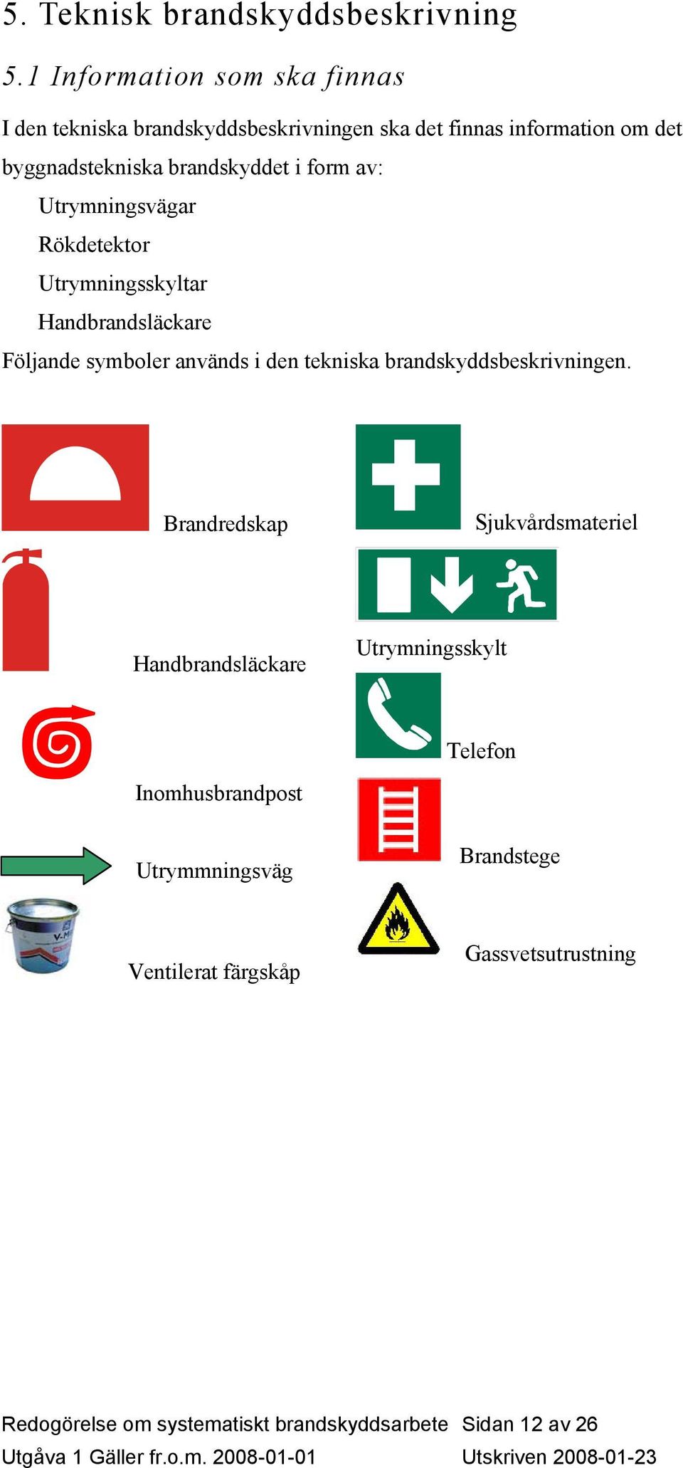 brandskyddet i form av: Utrymningsvägar Rökdetektor Utrymningsskyltar Handbrandsläckare Följande symboler används i den