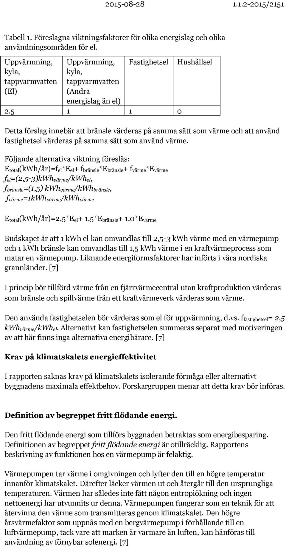 5 1 1 0 Hushållsel Detta förslag innebär att bränsle värderas på samma sätt som värme och att använd fastighetsel värderas på samma sätt som använd värme.