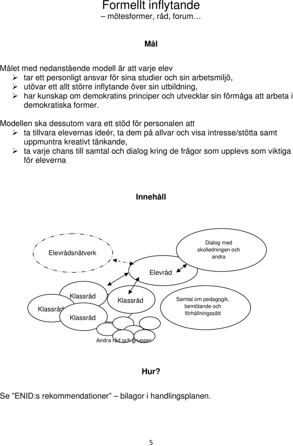 Modellen ska dessutom vara ett stöd för personalen att ta tillvara elevernas ideér, ta dem på allvar och visa intresse/stötta samt uppmuntra kreativt tänkande, ta varje chans till samtal och dialog