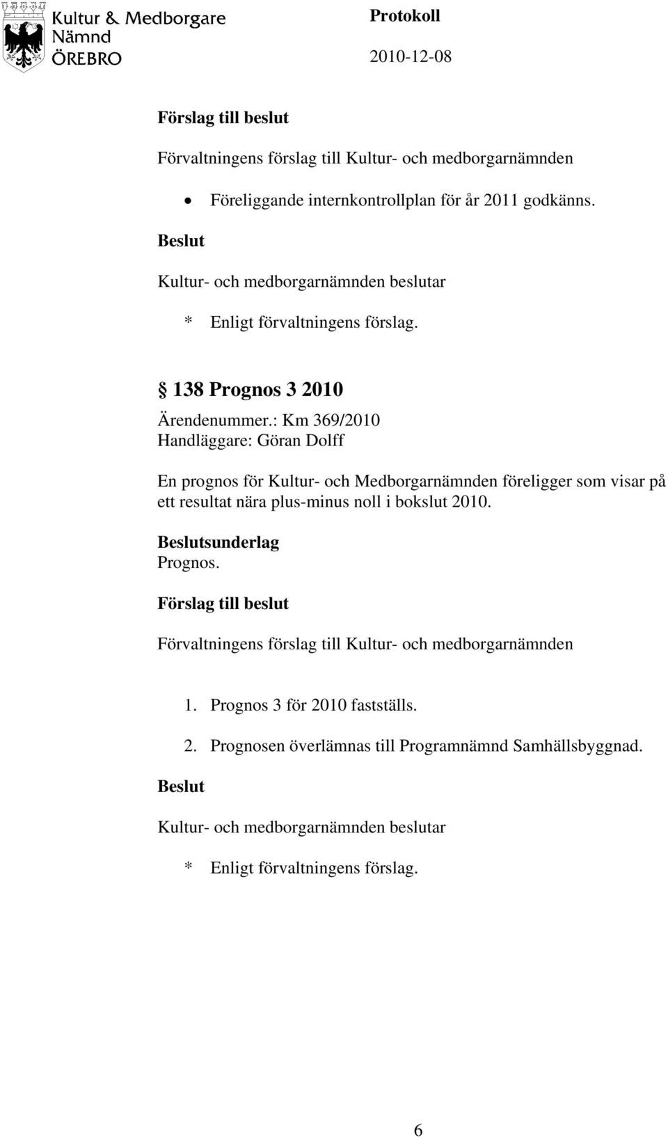 föreligger som visar på ett resultat nära plus-minus noll i bokslut 2010.